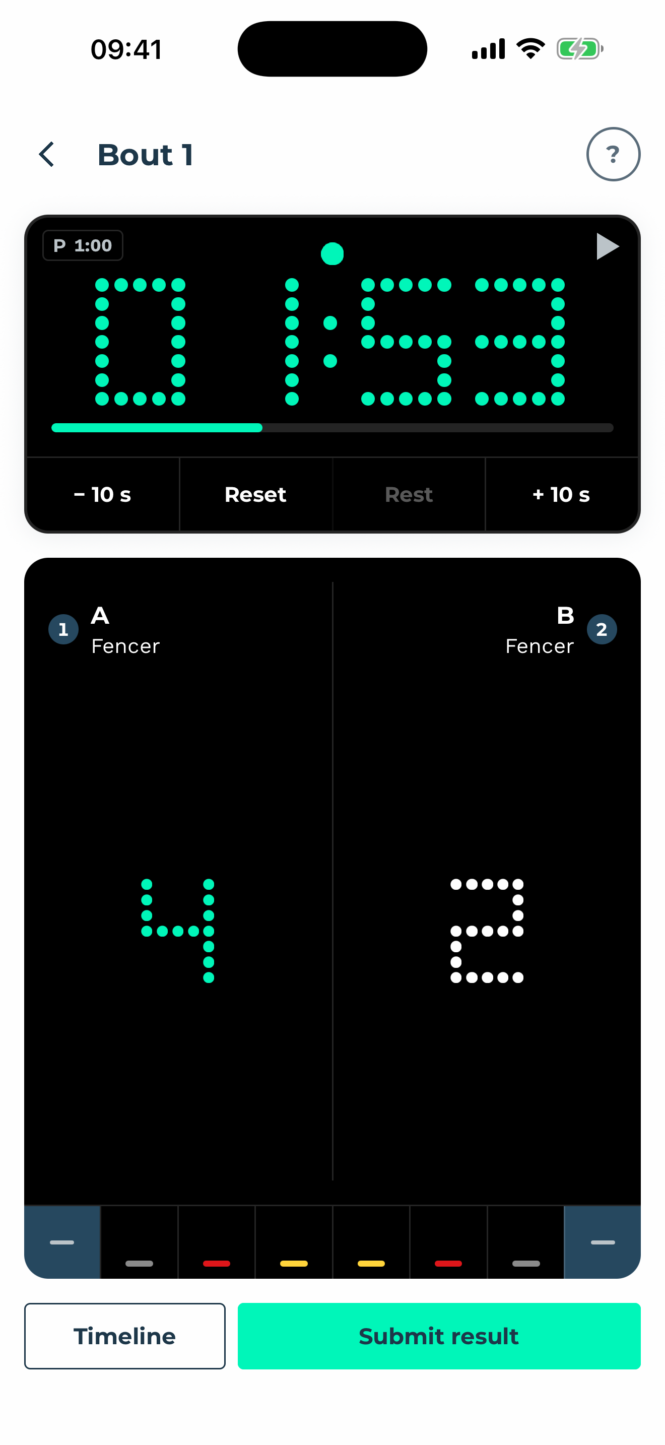 A bout being refereed in Poule Referee: the timer, the two scores and the cards.